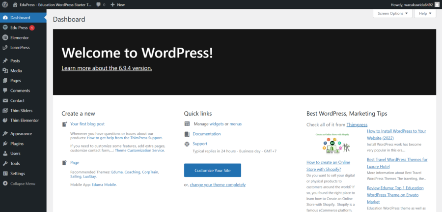 Wordpress dashboard