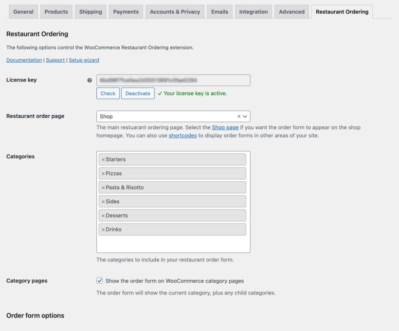 WooCommerce Restaurant Ordering Plugin Settings