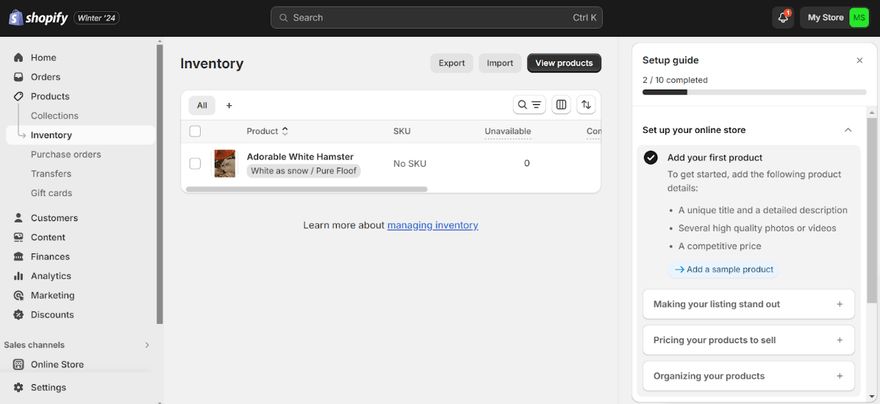 Shopify Inventory Adding Products