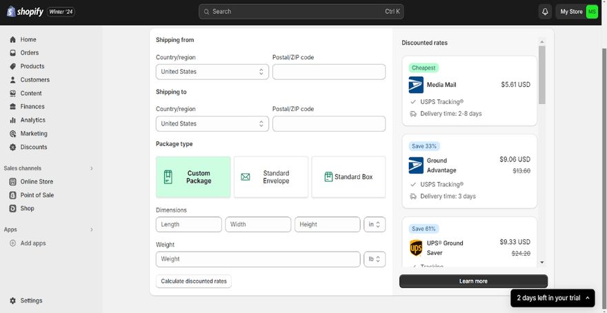 Shopify Shipping Options in Settings