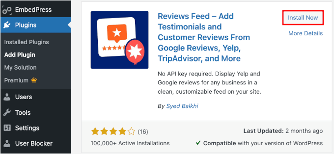 WP Admin Plugins Add New Reviews Feed Pro